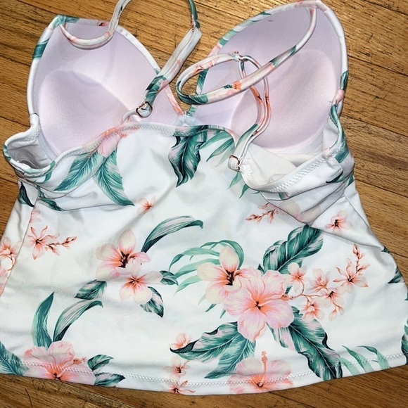 Tropical Floral Tankini Swim Top Womens White Pink Green Plunge Bustier L Raisin - Picture 4 of 4